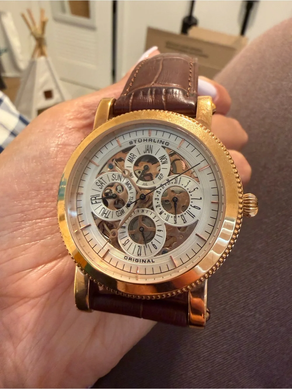 Stuhrling Original Rose Gold Tone Dial Skeleton Watch with Brown Leather Strap